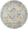 Close-up of a round Ezri Washable Area Rug. Beige, light blue, and orange farmhouse-style rug with traditional medallion pattern. Design-Round-67