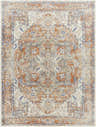 Close-up of the Rust Hera Washable Area Rug. Features a vintage, farmhouse-style pattern in rust, blue, and off-white tones. Design-Rectangle-710102