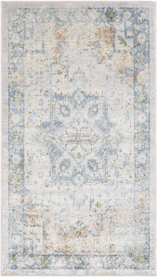 Detailed view of the Neta Orange & Light Blue Washable Area Rug, featuring a traditional, faded design. Design-Rectangle-2339
