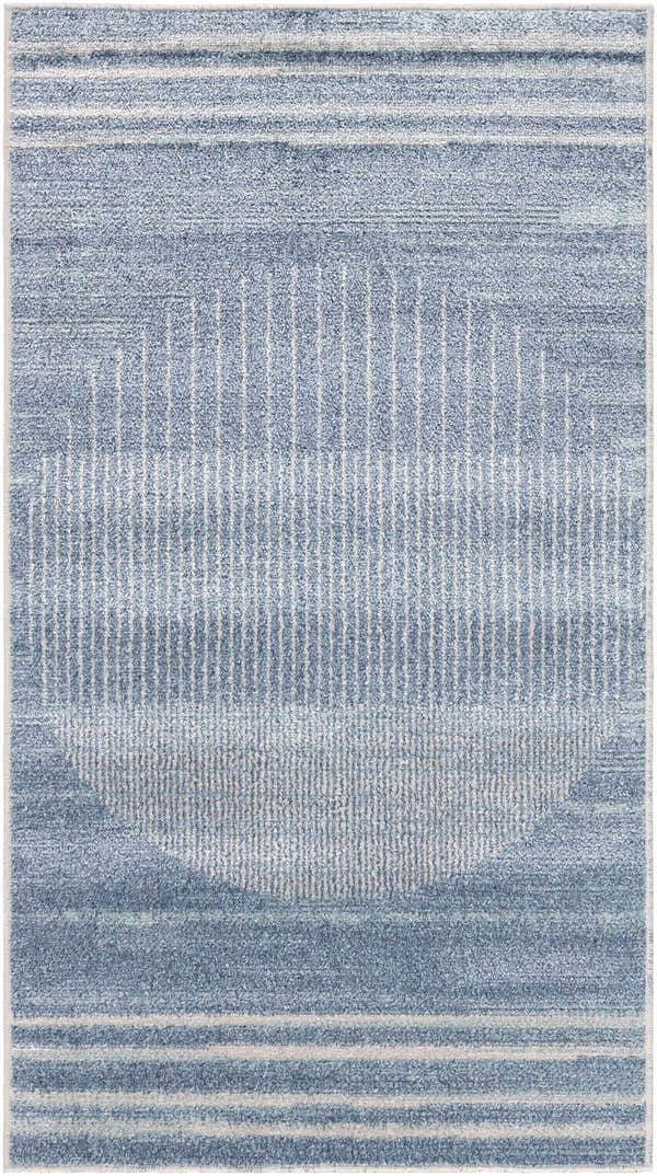 Close-up of Thad Blue Washable Area Rug. Features a blue and off-white contemporary striped and circular design. Design-Rectangle-2339