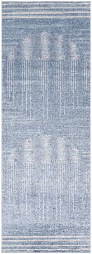Close-up of the Thad Blue Washable Area Rug, featuring a contemporary off-white linear pattern on a blue background. Design-Runner-2773