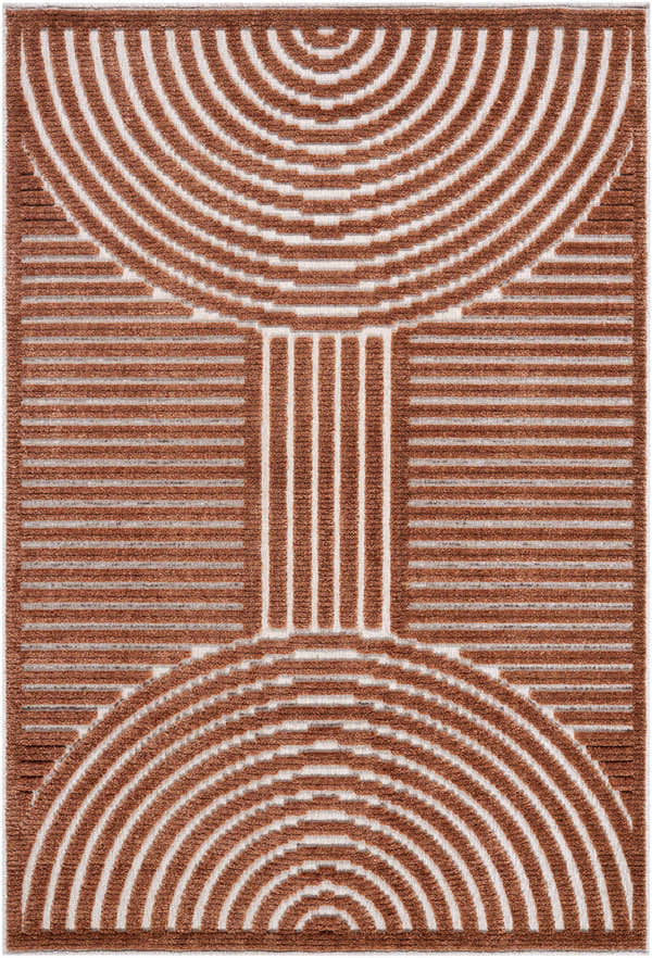 Close-up of Deron Brown Washable Area Rug. Features a geometric pattern of brown arcs and lines on a white background. Design-Rectangle-57