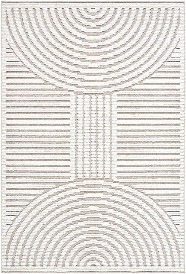 Close-up of Deron Ivory 3D Rainbow Washable Rug. Features off-white, raised geometric pattern on a light gray background. Design-Rectangle-57