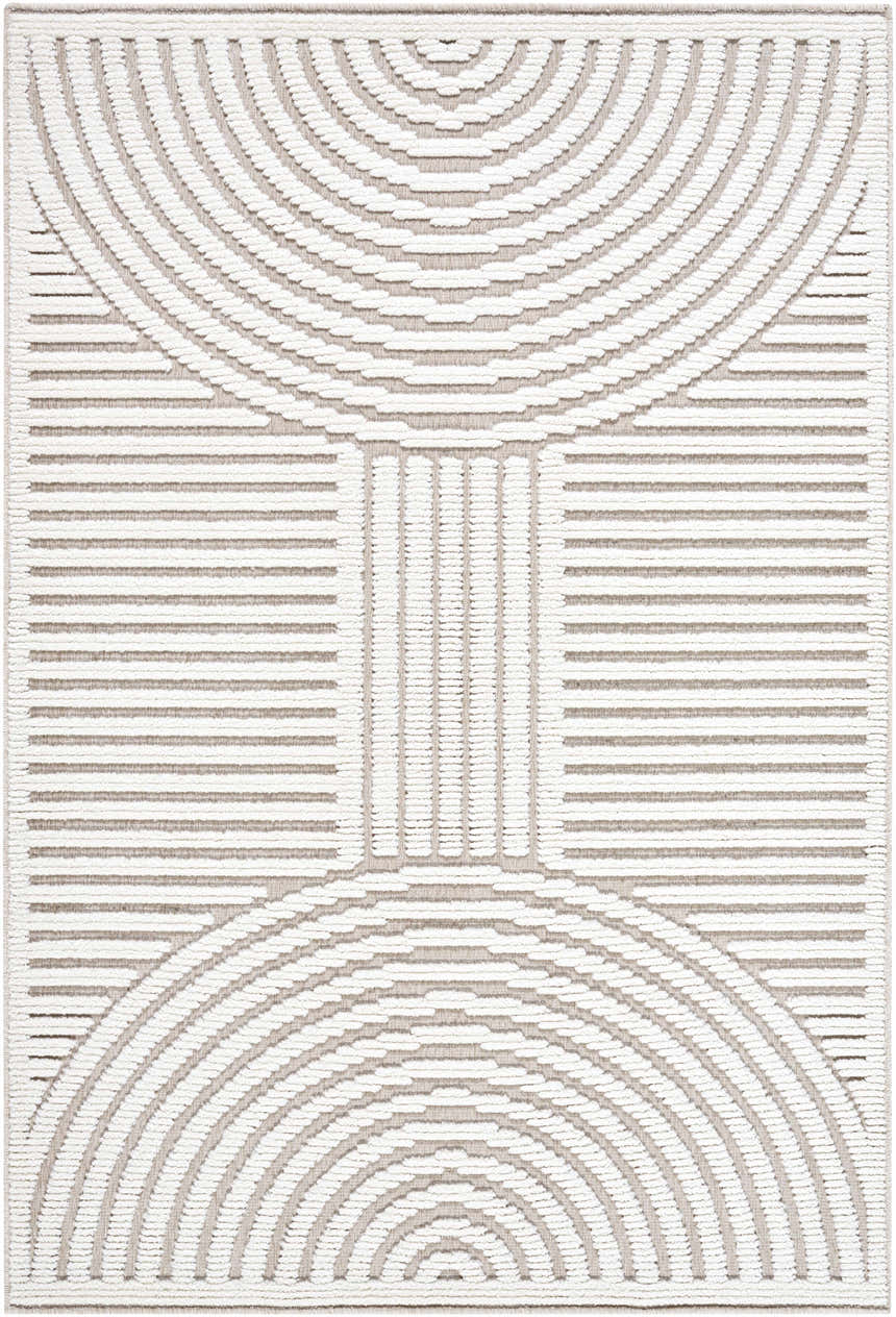 Close-up of Deron Ivory 3D Rainbow Washable Rug. Features off-white, raised geometric pattern on a light gray background. Design-Rectangle-57