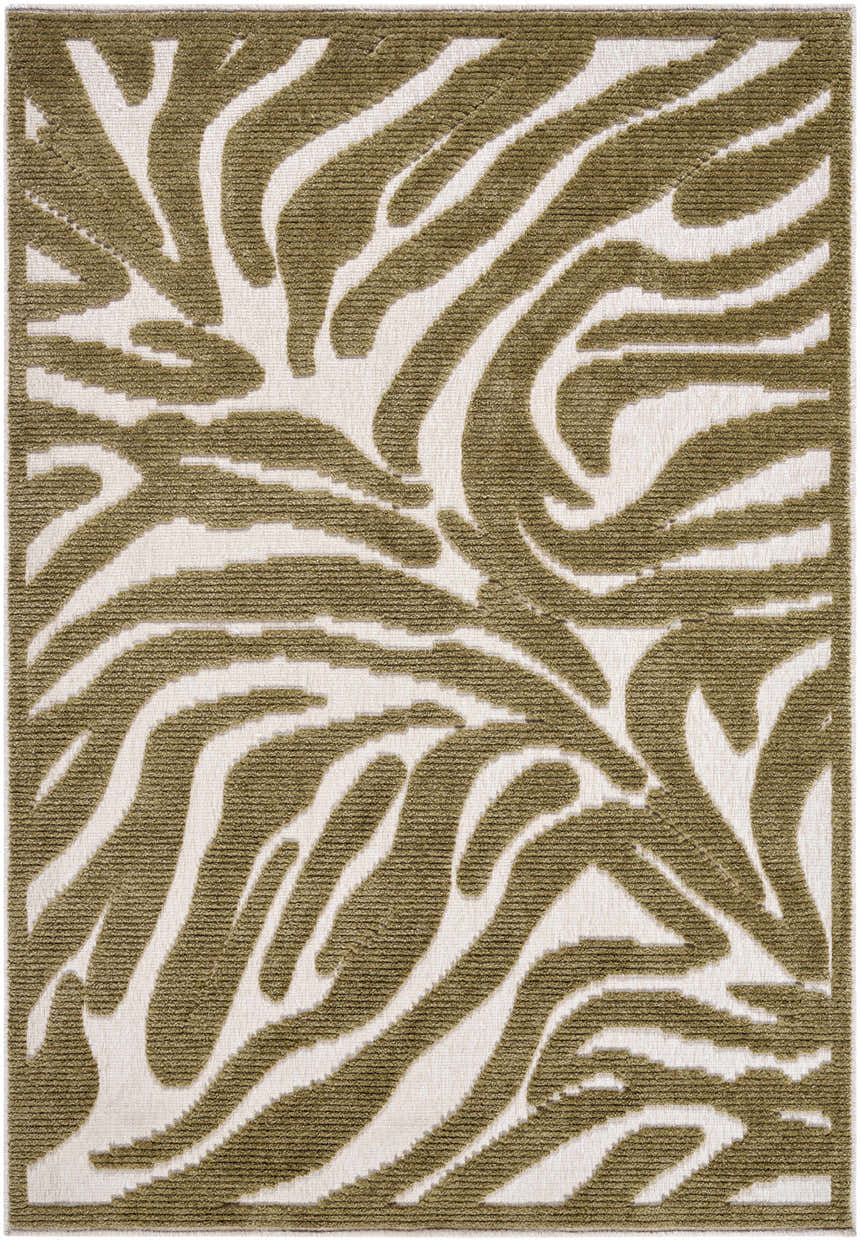 Close-up of Keto Olive Washable Area Rug featuring a contemporary abstract pattern in off-white and olive green. Design-Rectangle-57