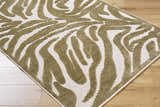 Close-up of the Keto Olive Washable Area Rug, featuring an off-white background and a contemporary olive pattern. Corner