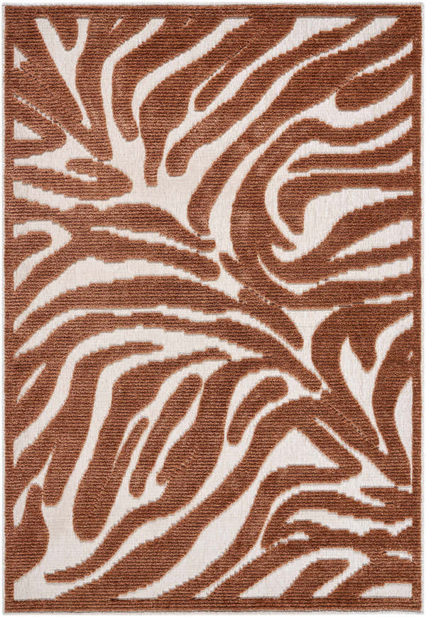 Close-up of Keto Brown Washable Area Rug featuring a contemporary brown and off-white abstract pattern. Design-Rectangle-57