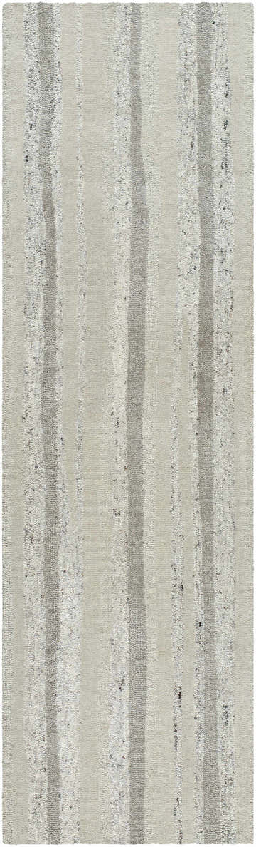 Close-up of the Siaju Ivory Area Rug, featuring ash, sage, and silver gray vertical stripes and a hand-tufted texture. Design-Runner-310