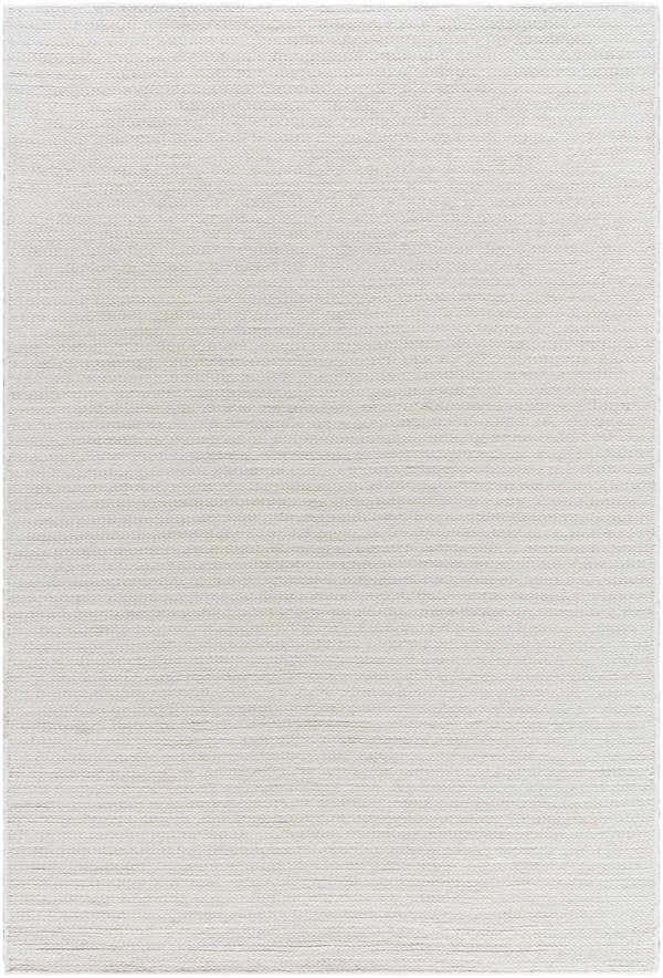 Close-up of the Alyra Silver Slate Wool Rug. Hand-woven, light silver, silver gray, and slate blue colors. Design-Rectangle-576