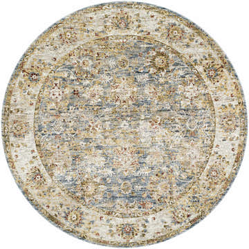 Detailed round Duong Beige & Blue Textured Rug. Features brick red, mustard, and navy accents in a traditional floral pattern. Design-Round-53