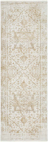 Close-up of the Sunee Luxe Rug in ash, pearl, and silver gray. Farmhouse style with a subtle traditional pattern. Design-Runner-27710