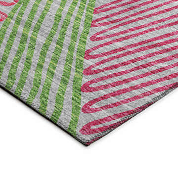 Close-up of Dalyn Sedona SN11 Fruity Washable Area Rug. Features fruity, lime green, and fuchsia stripes on a gray background.