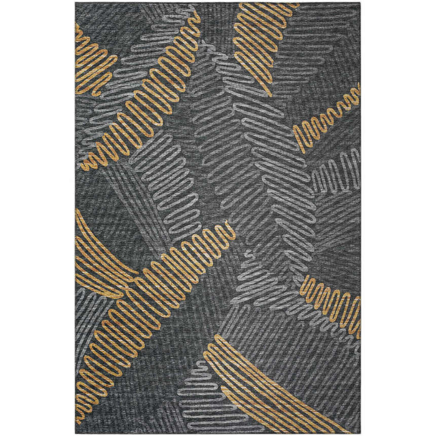 Close-up of the Dalyn Sedona SN11 Shadow Washable Area Rug. Features a black background with gold and taupe geometric pattern.