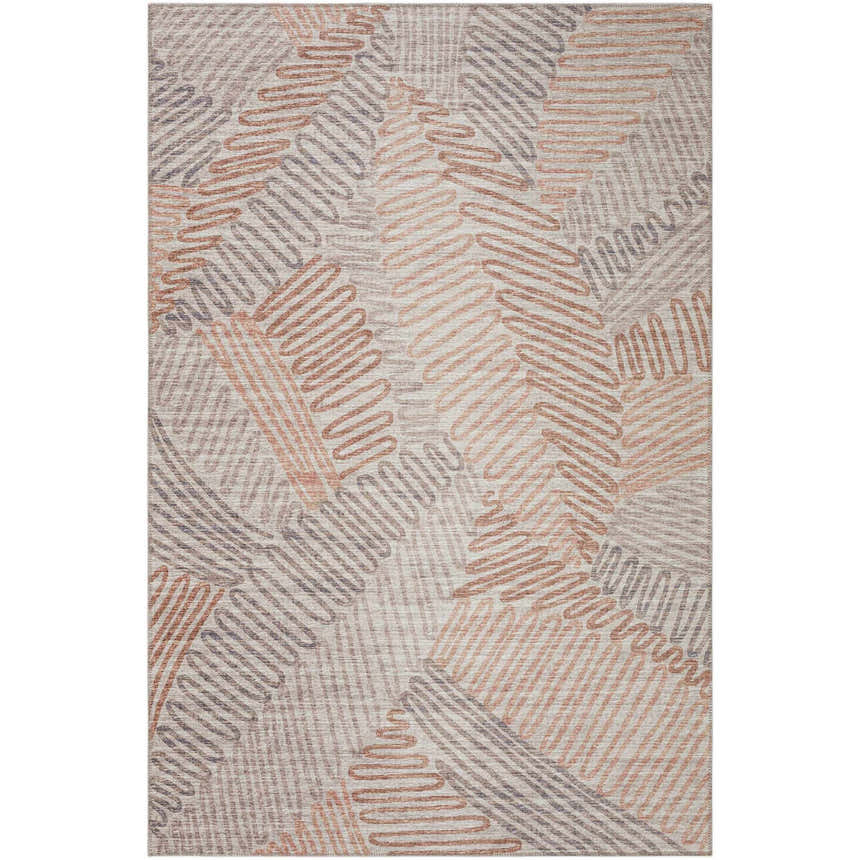 Close-up of Dalyn Sedona SN11 Walnut Washable Area Rug. Beige rug with dark brown, light brown, and taupe geometric pattern.