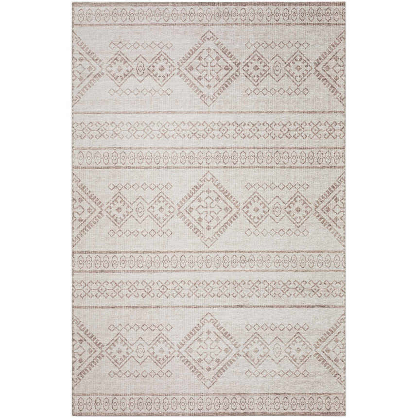 Close-up of the Dalyn Sedona SN14 Putty Washable Area Rug. Features a geometric pattern in putty and chestnut on an ivory background.