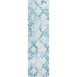 Close-up of Dalyn Sedona SN15 Skydust Washable Area Rug. Denim, light blue, and navy geometric pattern. Farmhouse style.