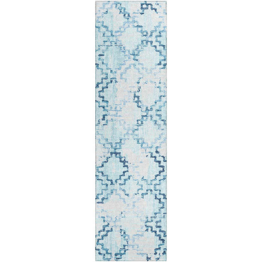 Close-up of Dalyn Sedona SN15 Skydust Washable Area Rug. Denim, light blue, and navy geometric pattern. Farmhouse style.