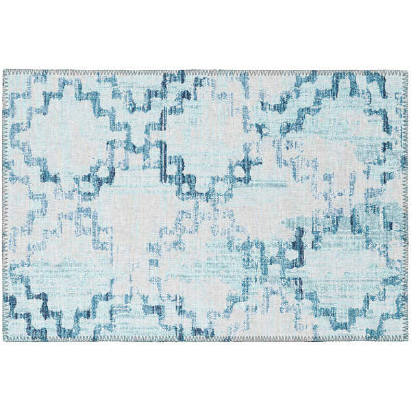 Dalyn Sedona SN15 Skydust rug with a geometric pattern in denim, light blue, and navy. Machine-made, washable polyester rug.