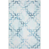 Close-up of Dalyn Sedona SN15 Skydust Washable Area Rug. Denim, light blue, and navy abstract pattern on a skydust background.