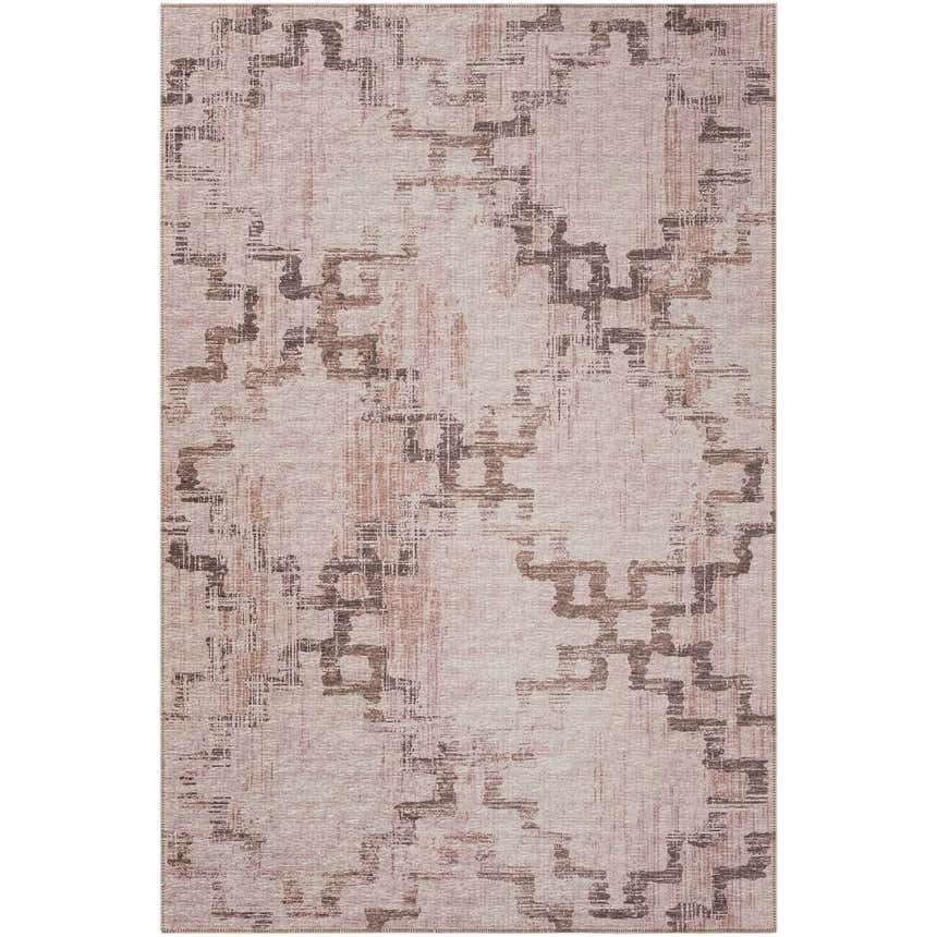 Close-up of the Dalyn Sedona SN15 Walnut Washable Area Rug. Brown, dark brown, ivory, and silver gray geometric pattern.