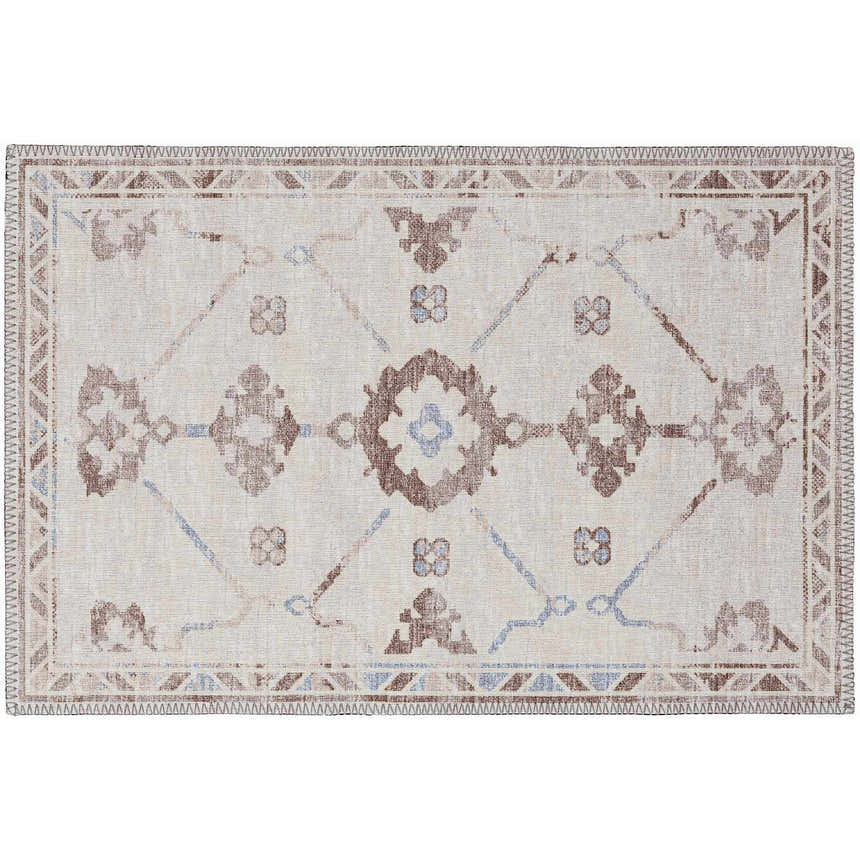 Dalyn Sedona SN16 Parchment rug. Machine-made indoor/outdoor rug with chestnut, ivory, light blue, and taupe farmhouse pattern.