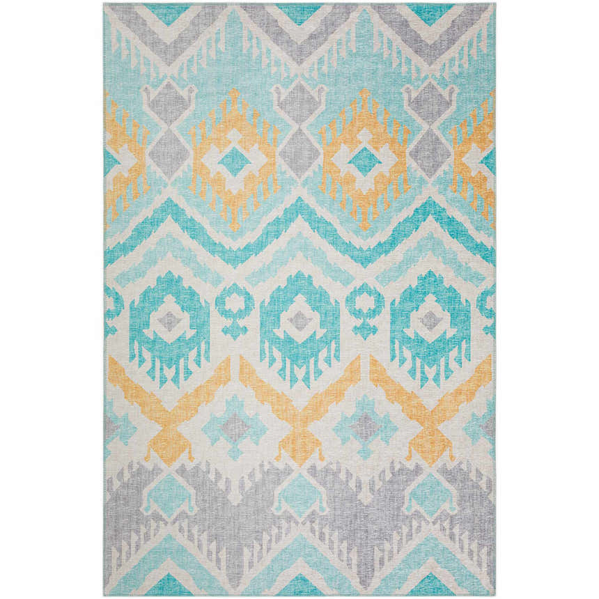 Close-up of the Dalyn Sedona SN2 Spa Washable Area Rug. Aqua, chestnut, gold, spa, and taupe geometric pattern.