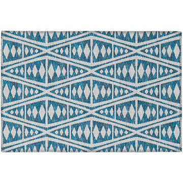 Close-up of Dalyn Sedona SN6 Indigo Washable Area Rug. Features a blue and beige geometric diamond pattern.