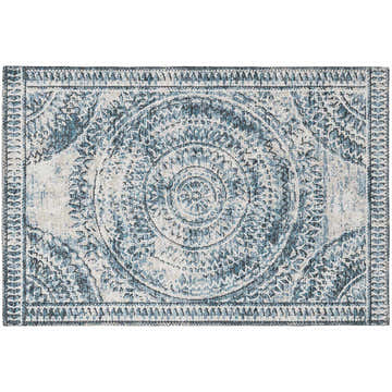 Dalyn Sedona SN7 Indigo Washable Area Rug with a central medallion and farmhouse-style border. Chestnut, light blue, and navy tones.