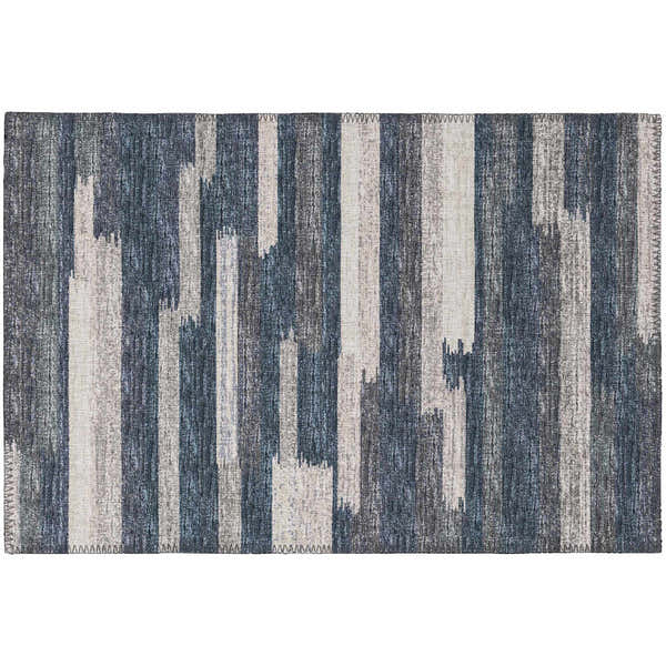 Close-up of Dalyn Sedona SN8 Slate Washable Area Rug. Black, taupe vertical stripes with distressed texture. Farmhouse style.