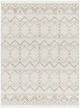 Close-up of the Armen Area Rug. Beige and cream rug with a geometric, diamond pattern and fringe. Farmhouse style. Design-Rectangle-527