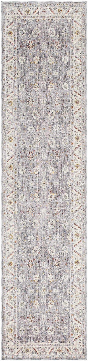 Close-up of the Sosi Area Carpet in dark beige, garnet, gray, and taupe. Farmhouse style, machine woven polyester rug. Design-Runner-239