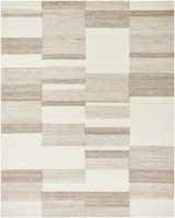 Close-up of the Eyad Area Rug, a contemporary hand-tufted rug in beige, bone, and brown with a geometric block pattern. Design-Rectangle-810