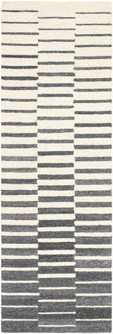 Close-up of the Gawel Charcoal Area Rug. Features a contemporary striped pattern in charcoal, gray, and beige tones. Hand-tufted wool blend. Design-Runner-268