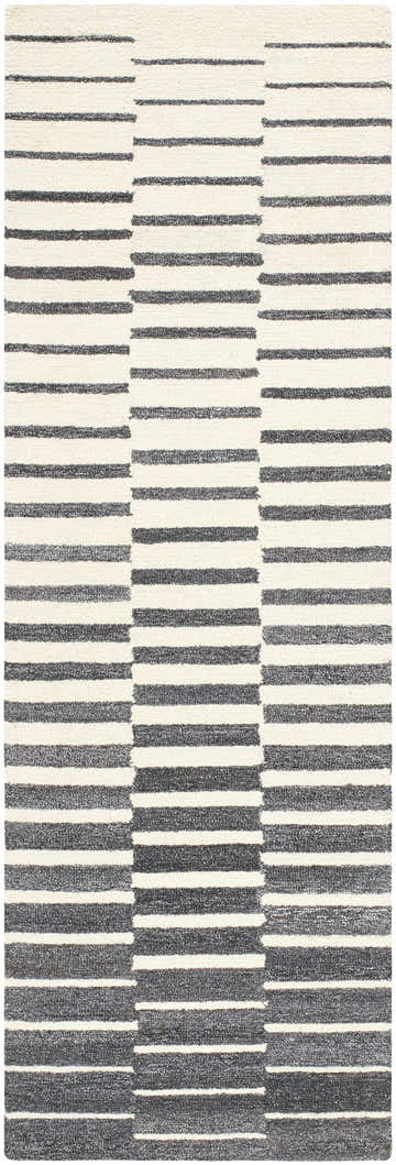 Close-up of the Gawel Charcoal Area Rug. Features a contemporary striped pattern in charcoal, gray, and beige tones. Hand-tufted wool blend. Design-Runner-268