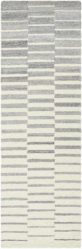 Close-up of the hand-tufted Gawel Gray Area Rug, featuring a contemporary striped pattern in gray, light gray, and charcoal. Design-Runner-268