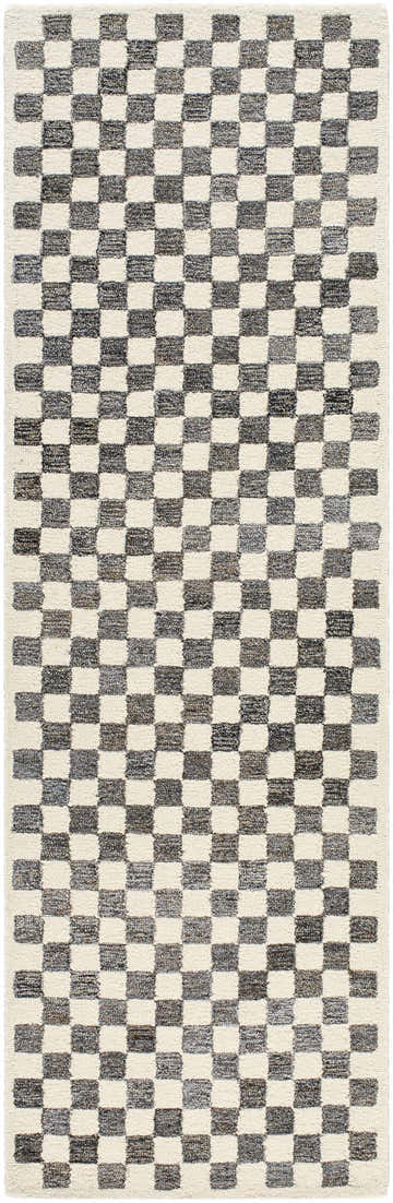 Close-up of the Halen Taupe Checkered Area Rug. Hand-tufted wool rug with a geometric dark brown and lambswool checkered pattern. Design-Runner-268