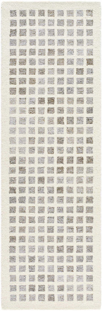 Close-up of the hand-tufted Harib Area Rug. Beige wool rug with a geometric grid pattern in cloud gray and medium brown. Design-Runner-268