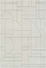 Close-up of the Fusao Off White Area Rug, a hand-tufted wool rug with a light silver geometric pattern. Design-Rectangle-576