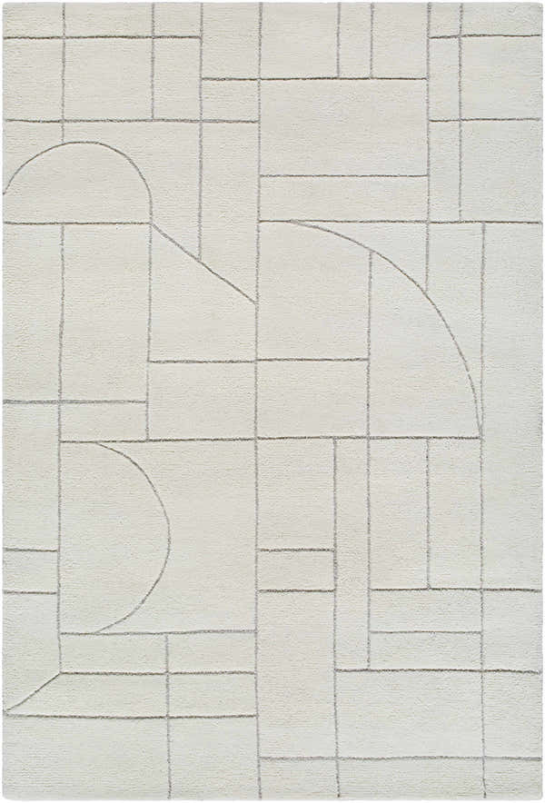 Close-up of the Fusao Off White Area Rug, a hand-tufted wool rug with a light silver geometric pattern. Design-Rectangle-576