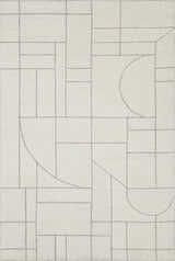 Close-up of Fusao Off White Area Rug. Contemporary design with light silver geometric lines on a soft, off-white wool texture. Design-Rectangle