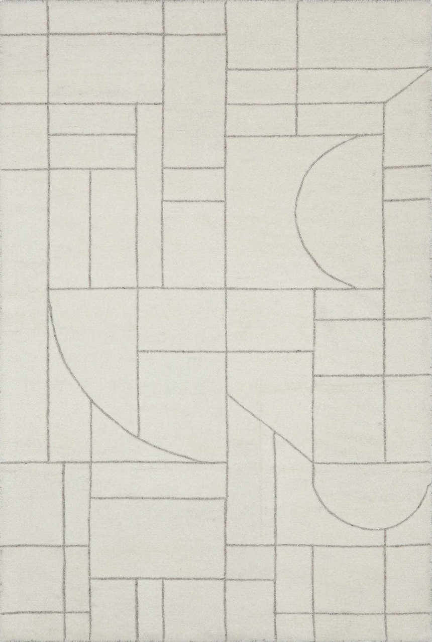 Close-up of Fusao Off White Area Rug. Contemporary design with light silver geometric lines on a soft, off-white wool texture. Design-Rectangle