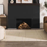 Living room scene with a Fusao Off White area rug, black fireplace, wood logs, and neutral decor. Roomscene-Rectangle