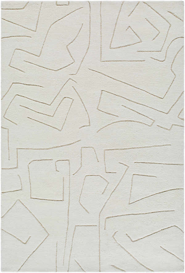 Close-up of the Mony Beige Area Rug. Beige wool rug with a contemporary geometric line pattern. Hand-tufted texture. Design-Rectangle-57