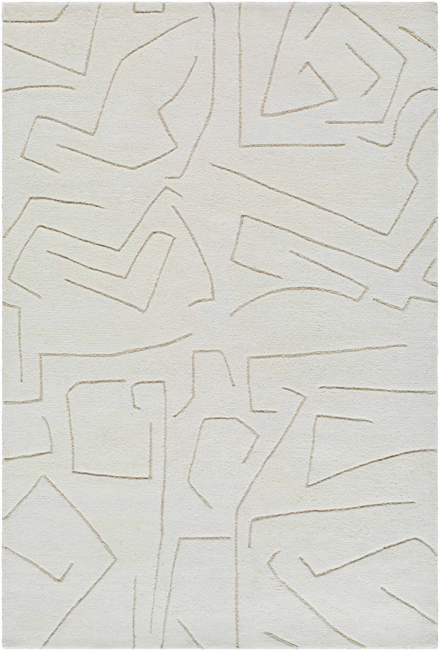 Close-up of the Mony Beige Area Rug. Beige wool rug with a contemporary geometric line pattern. Hand-tufted texture. Design-Rectangle-57