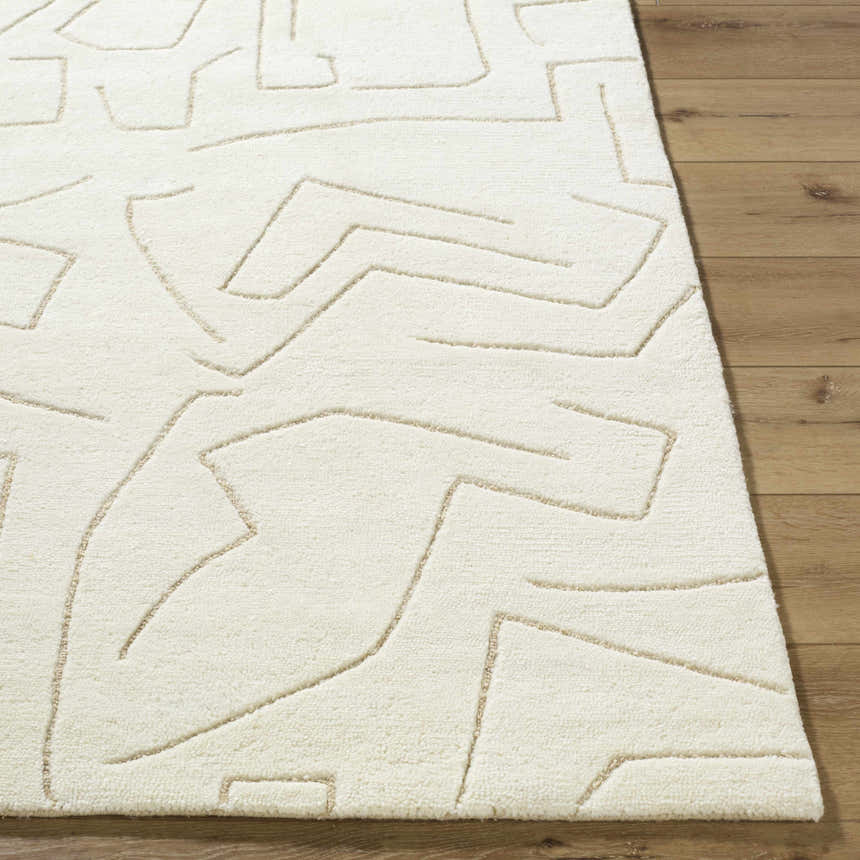 Close-up of the beige Mony Area Rug, a hand-tufted wool rug with a contemporary geometric design on wood floor. Front