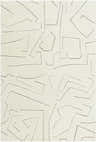 Close-up of the Mony Charcoal Area Rug. Off-white wool rug with a contemporary charcoal geometric line pattern. Hand-tufted texture. Design-Rectangle-576