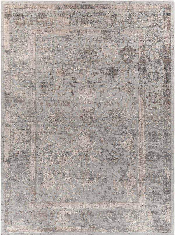 Close-up of the Speaks Traditional Textured Luxe Rug, featuring charcoal, gray, and taupe tones with a vintage-inspired design. Design-Rectangle