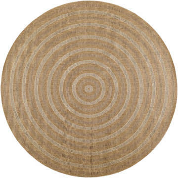 Close-up of the round Dyami Flatweave Faux Jute Rug, featuring concentric circles in camel and light brown tones. Design-Round