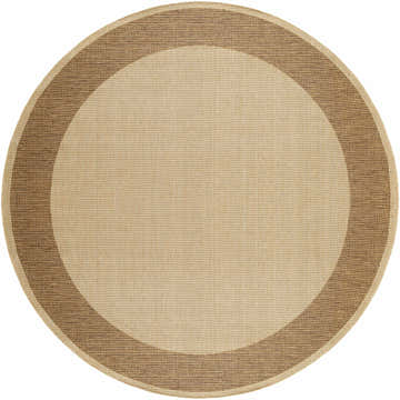 Close-up of a round Inigo Flatweave Faux Jute Rug. Features a dark beige center and a dark brown border. Design-Round