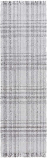 Close-up of the Inara Plaid Area Rug. Hand-woven rug in dark gray, gray, light gray, and silverton. Recycled PET yarn with fringe. Design-Runner-268